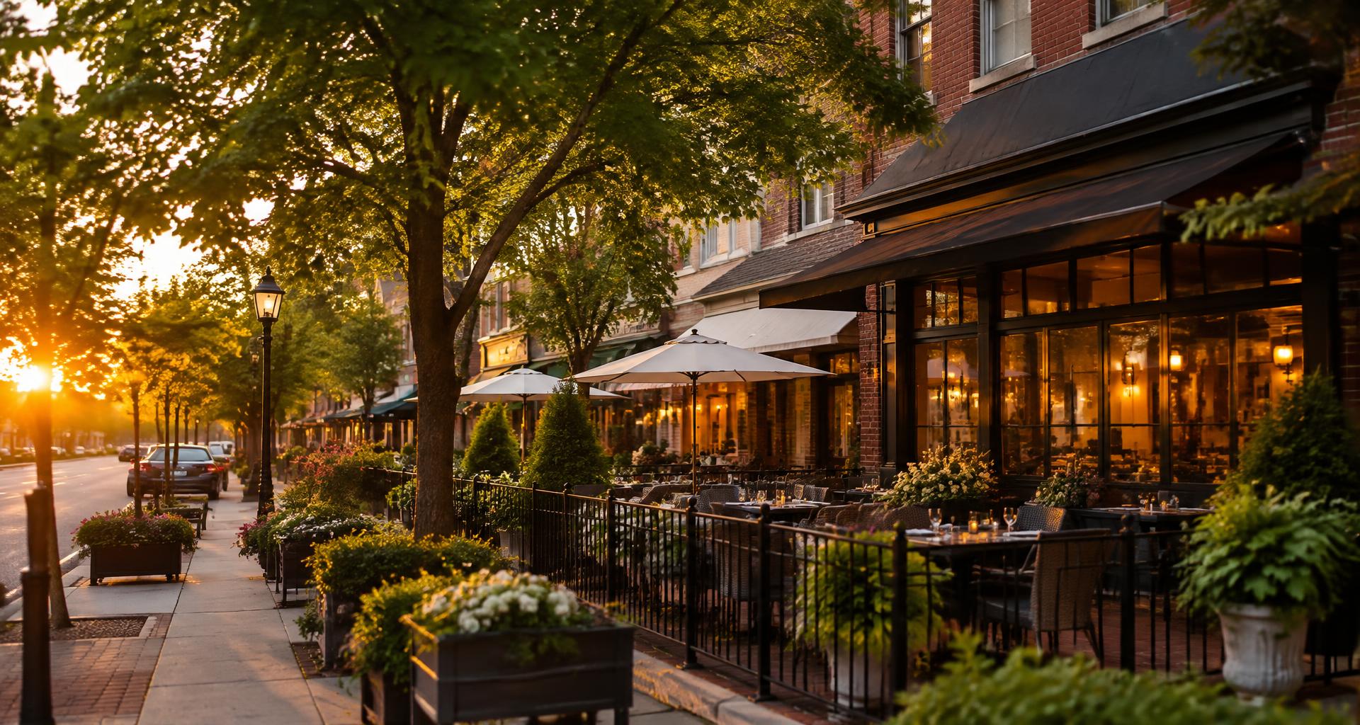 A leafy restaurant street at golden hour, patios lit and ready for service